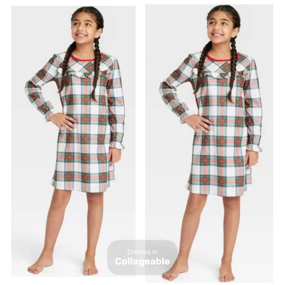 WONDERSHOP Girls Christmas Nightgown Lotβ Set Pajama Tartan Plaid Dress NEW 8 10